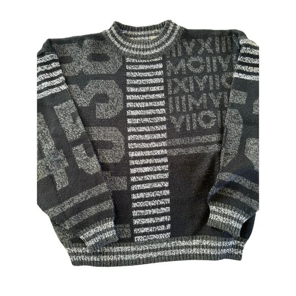 Vintage 90's Crewneck Sweater Black & Gray Patterned Ground Zero Men's XL Preppy - Picture 5 of 8